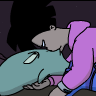 Pixelated cartoon character in pink hoodie leans over another character in teal outfit with white rectangular object on chest.