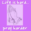 Purple background with pixelated text above and below a central sketch of praying hands.