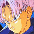 Pixelated image of two anime-style characters with orange hair and blue eyes, one holding a white object against a pink and blue background.