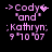 Pixelated pink text on black background showing 'Cody' with a heart, 'and', 'Kathryn:', and '9 70 07' in four variations of the icon's animation cycle.
