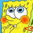 Yellow cartoon character with large blue eyes, orange cheeks, and a white shirt holding hands near the face against a blue background.