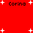 Red background with white plus signs and repeated black text 'Corina' in pixelated font.