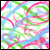 A pixelated animated icon with swirling pink, green, and blue lines on a white background; the right frame shows a heart shape formed by pink lines.