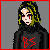 Pixel art icon with gray background, red border, and text 'bloody smile' in red; features character with green-black hair, black hoodie with red symbol, and pixelated winged figure.