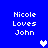 Blue background with white pixelated text 'Nicole Loves John' repeated four times and three heart symbols in white and light purple.