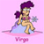 Pixelated cartoon of a seated figure with purple hair and glasses on a cloud, holding a star wand, against pink background with "Virgo" text below.
