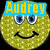 Six identical yellow glittery smiley face icons arranged in two , each with blue eyes and a black curved mouth; three display "Audrey" text in cyan above or below the faces