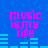 Blue background with pink pixelated text 'music is my life' and cyan audio equalizer bars that change across frames.