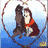 Two cartoon characters embrace inside a circular frame with blue gradient background; one character has dark hair and brown clothing, the other light-colored hair and red scarf.