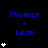 Blue text 'Thomas + Leah' on black background with white heart symbols varying in quantity across positions