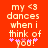 Red background with light beige text reading 'my <3 dances when i think of *you!*' and two of pink asterisks below the text