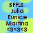 Pixelated text on a blue background with green circular shapes, showing repeated names and symbols.