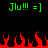 Green text 'Jlu!!! =]' appears twice on black background above red pixelated flames.