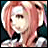 Pixelated character with pink hair and white headband, static pose with text overlays changing across frames.