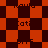A static pixel art image with a repeating pattern of orange and dark red checkered squares containing partial text fragments.