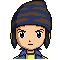 Pixel art character with blue striped beanie, yellow shirt, and blue jacket showing multiple facial expressions and headgear variations.
