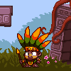 Pixel art character with brown skin, orange-yellow face paint, and a large green-and-orange feather headdress holding a torch near stone ruins.