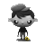 A cartoon character with dark hair and a cap performs sequential actions including standing, turning, and kicking a yellow ball against a gray background.