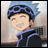 Pixelated anime character with blue spiky hair and purple headband, smiling with closed eyes, wearing dark jacket with purple trim against light background.