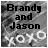 Black text reading 'Brandy and Jason' overlaid on a pixelated grayscale background with white circular shapes at the bottom.