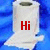 Four toilet paper rolls on blue fabric background, two with red text "Hi" and "I'm TP" visible on their sides.