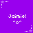 Purple background with repeated white text 'Jaimie!' and small pixelated symbols including stars, dots, and a face-like shape.