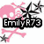 Pixelated icon with pink skull and crossbones, black starbursts on white background; text 'EmilyR73' in bold black font.