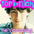 Pixelated image of a person with curly hair wearing a denim jacket, featuring multiple text overlays in bright colors.