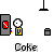 Pixel art of repeated character icons with text bubbles, each showing a white-eyed figure in yellow clothing holding a red object against gray background