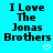 A static image with cyan background displaying repeated text "I Love The Jonas Brothers" in black pixelated font, accompanied by white heart and arrow symbols.