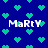 Blue background with scattered green pixelated hearts and four instances of the text 'MaRtY' in white pixelated font.