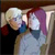 Two pixelated figures in close proximity, one with light-colored hair and dark clothing, the other with purple hair and light clothing, against a blurred background.
