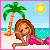 Pixel art of a woman with brown hair in pink bikini lying on beach under palm tree and sun, light blue sky and turquoise water background.