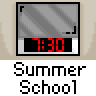 A 5x5 contact sheet of animated frames showing a pixel art classroom scene with students at desks, digital clocks displaying time, and red flower icons in the corners.
