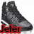 Black and white high-top sneakers with visible laces and cleats, displayed in a with red text overlay