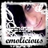 A static icon featuring a person with dark hair and a smiling expression, framed by white decorative swirls and the word 'emolicious' in black script at the bottom.