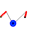 A sequence of animated frames showing a blue circular figure with red cylindrical limbs moving in various poses against a gray background.