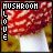 Pixelated icon with red and white mushroom cap, yellow-brown base, and black text reading 'MUSHROOM' top-left and 'LOVE' vertically left.