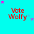 Cyan background with red 'Vote Wolfy' text and pink/purple star animations in a