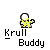 Pixelated character with white head and gray body holding yellow spinning symbol, text "Krull Buddy" below on gray background.