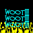 Pixelated cyan text 'Woot' repeated three times vertically within a cyan frame, with yellow pixelated flames below on black background.