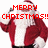 Pixelated Santa Claus figure in red coat and white beard with 'MERRY CHRISTMAS!' text overlaid in bold red letters.