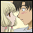 A 48x48 pixel animated contact sheet showing two anime-style characters in close proximity on the left and text elements on a black background to the right, with visible animation frame differences between sampled frames.