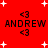 Red background with white plus signs and black text displaying 'ANDREW' flanked by '<3' symbols in a pattern