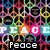 Animated icon displays multiple peace symbols in various colors with 'Peace' text below, transitioning to a single pink vertical strip on light background.