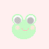 Two pixelated green frog faces with large gray eyes and pink cheeks, one smiling with a closed mouth, the other with an open mouth showing pink interior.
