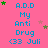 A static image with a bright pink background displays repeated text "A.D.D My Anti Drug <33 Juli" in blue, surrounded by scattered green and pink stars.