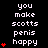 Pixelated text reads 'you make scotts penis happy' with red heart symbols varying in quantity across three on a black background