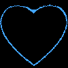 Two heart outlines side-by-side on black background, left blue and right white with pixelated edges.