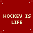 Red background with white dots, repeated 'HOCKEY IS LIFE' text in yellow pixelated font across multiple